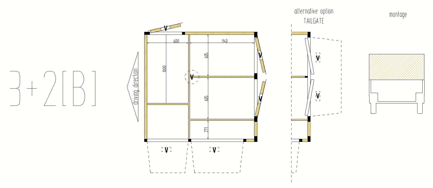 hundkåpa för tre hundar och ett teknikfack och även ett förvaringsutrymme